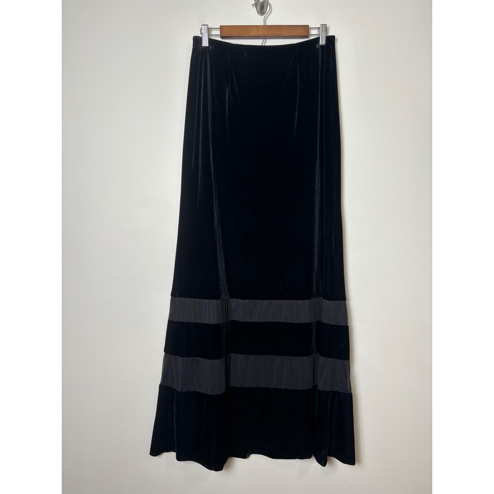 Alex Evenings VTG Velvet Maxi Skirt L Black Velvet Sheer Mesh Trim Gothic Chic